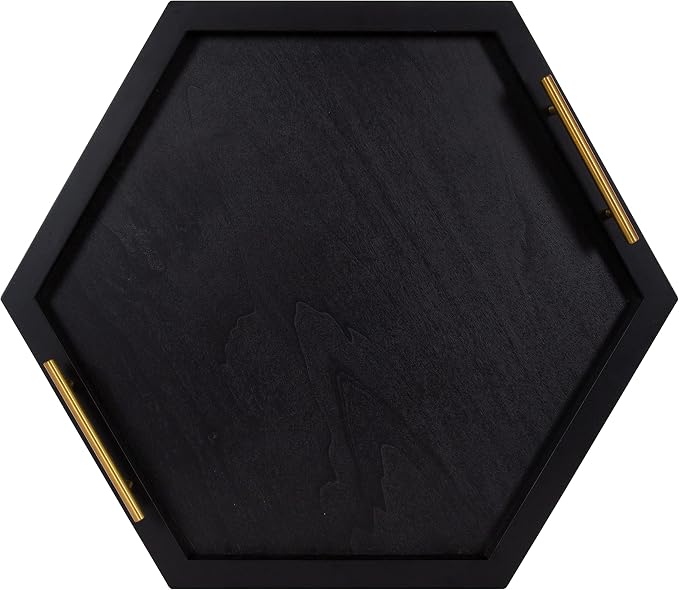 Kate and Laurel Halsey Hexagon Decorative Wooden Tray with Polished Metal Handles; 22 x 19; Black and Gold; Modern Glam Wood Hexagon Serving Tray for Display or Decoration