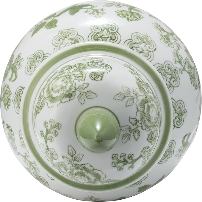 Temple Decorative Jar with Lid – Chinoiserie Ceramic Decorative Stoneware for Home Decor – Modern Centerpiece for Living Room, Bedroom & Office – 14.25", Green & White