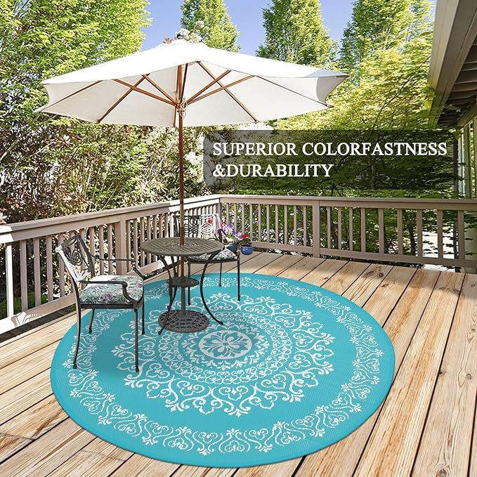 Pauwer Waterproof Outdoor Rug 6ft, Reversible Plastic Straw Patio Camping Rug, Indoor Outdoor RV Mat Carpet for Deck, Camper, Porch, Balcony, Backyard, Picnic, Floral Teal | Reversible Patio Rug, UV Resistant Indoor Outdoor RV Mat Carpet For Deck, Camp...