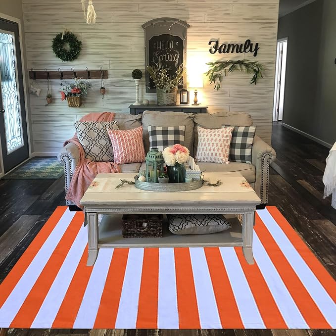 Bottalive Fall Decor Orange Striped Rug, 4' x 6' Cotton Reversible Foldable Washable Area Rug, Layering Rug for Hello/Welcome Door Mat, Washable Cotton Woven Farmhouse Mat for Front Porch