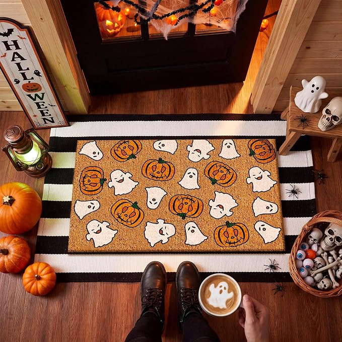 Moucuny 2 Pcs Halloween Coir Doormat Outdoor Cute Ghost Pumpkin Welcome Mat, Black and White Stripe Rug Halloween Outdoor Doormat for Front Door Porch Entryway Decor, 16'' x 28'', 24'' x 35''