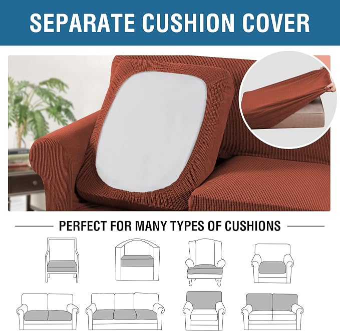 H.VERSAILTEX 3 Piece Stretch Sofa Covers for 2 Cushion Sofa Couch Covers for Living Room Sofa Slipcovers (Base Cover Plus 2 Seat Cushion Covers) Thicker Jacquard Fabric(Large Sofa, Rust)