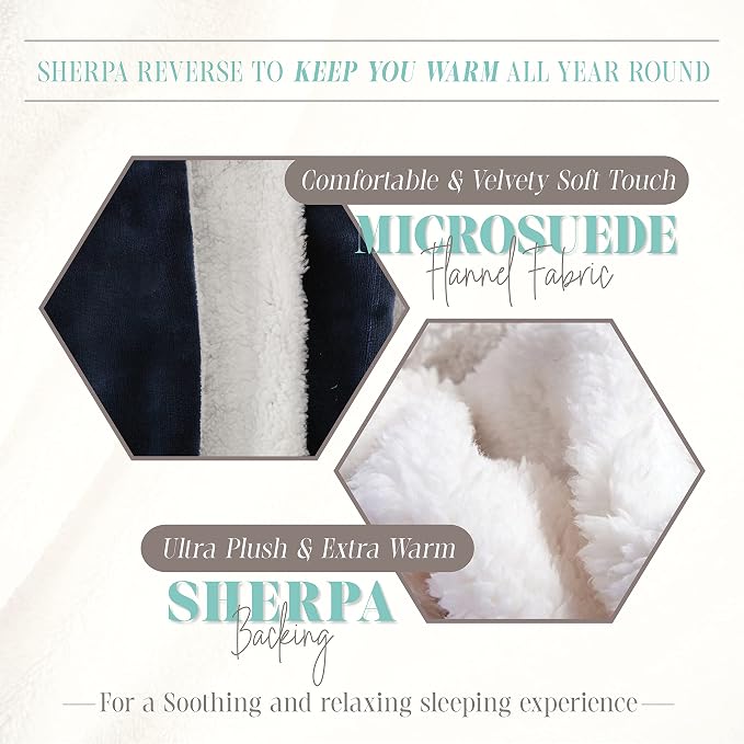 Elegant Comfort Throw Blanket, Reversible Sherpa Flannel, Ultra-Soft, Fuzzy, Cozy and Plush- All Season Lightweight Decorative Throw, 50 x 60 inches, Solid Sherpa Throw, Navy Blue