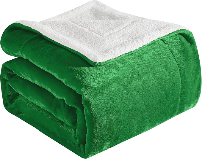Elegant Comfort Ultra Soft Reversible Flannel Sherpa Blanket - Cozy Silky Fleece Throw for Couch, Bed - Plush Fuzzy Warm Winter Blanket for Gift, King, Emerald Green