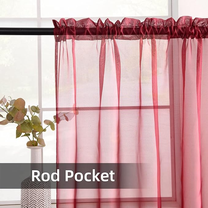 youleyar Solid Sheer Rod Pocket Curtain Voile Draperies 2 Panels White Beige Black Grey Coffee 52 Inch Width 72 Inch Long 1 Pair for Kitchen Bedroom Children Living Room Yard (Wine Red,52Wｘ72L)