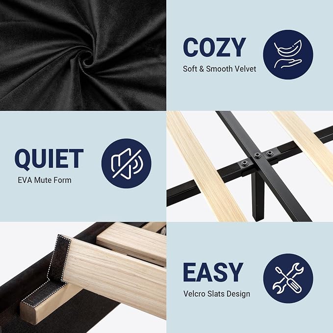Allewie Twin Size Platform Bed Frame with Adjustable Headboard | Plush Velvet Upholstered, Vertical Channel Tufted, Sturdy Wood Slats, No Box Spring Needed, Easy Assembly, Black