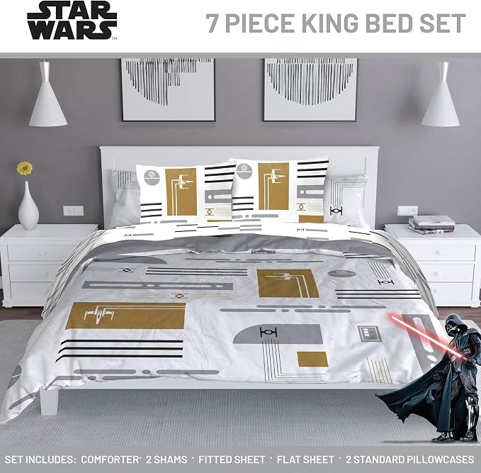 Jay Franco Star Wars King Comforter Set 7 Piece Soft Modern Bedding, White | Bed in a Bag, Comforter Sheets Shams Pillowcases, Official Product, Soft Microfiber, Machine Washable, Fan Gift