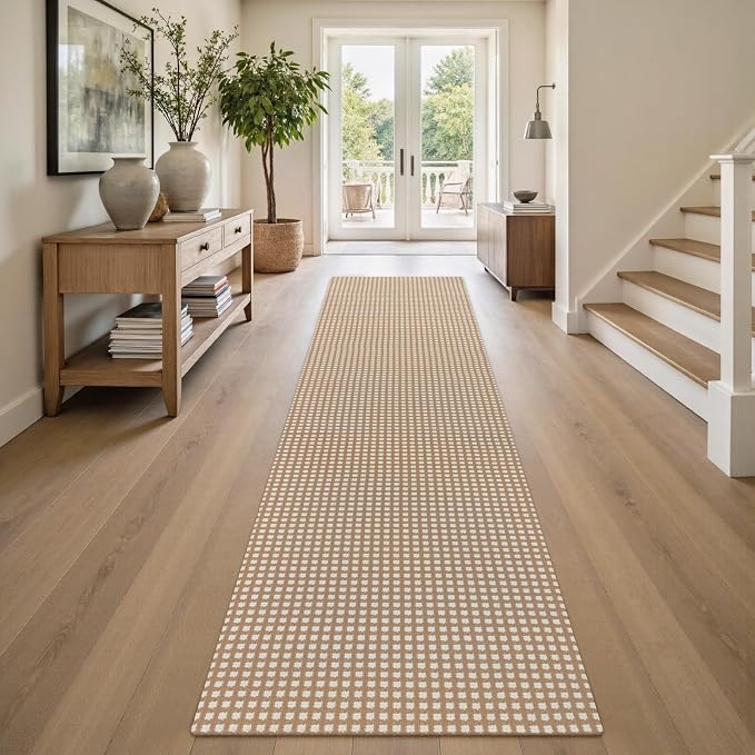 Rugalia Washable Woven Hallway Runner Rug, 2x8 Camel Cotton Rug Runners for Entryway Non-Slip Long Kitchen Mat, Modern Natural Plaid Indoor Outdoor Throw Runner Carpet for Porch Bedroom