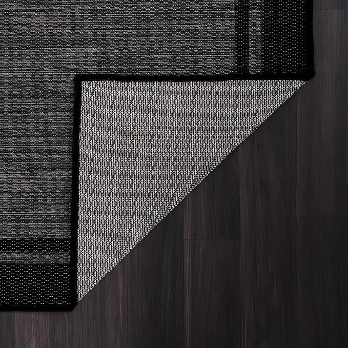 CAMILSON Indoor Outdoor Rug, 9x12 Bordered Dark Grey Black Modern Large Area Rugs for Indoor and Outdoor Patios, Kitchen and Hallway Mats, Washable Porch Deck Outside Carpet (Bordered Black, 9 x 12)