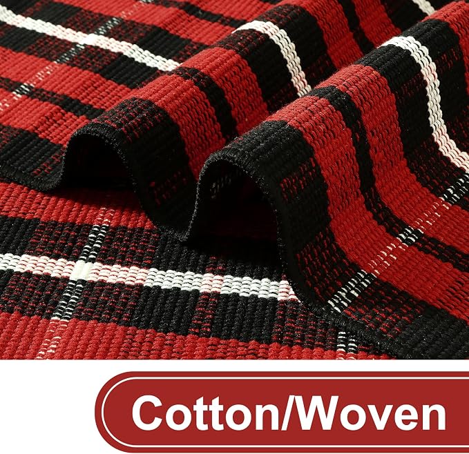 KIMODE Christmas Door Mat Outdoor 24"X51",Red/Black Buffalo Plaid Rug,Washable Cotton Hand-Woven Layered Door Mats,Reversible Outdoor Christmas Decor for Front Porch,Entryway,Kitchen