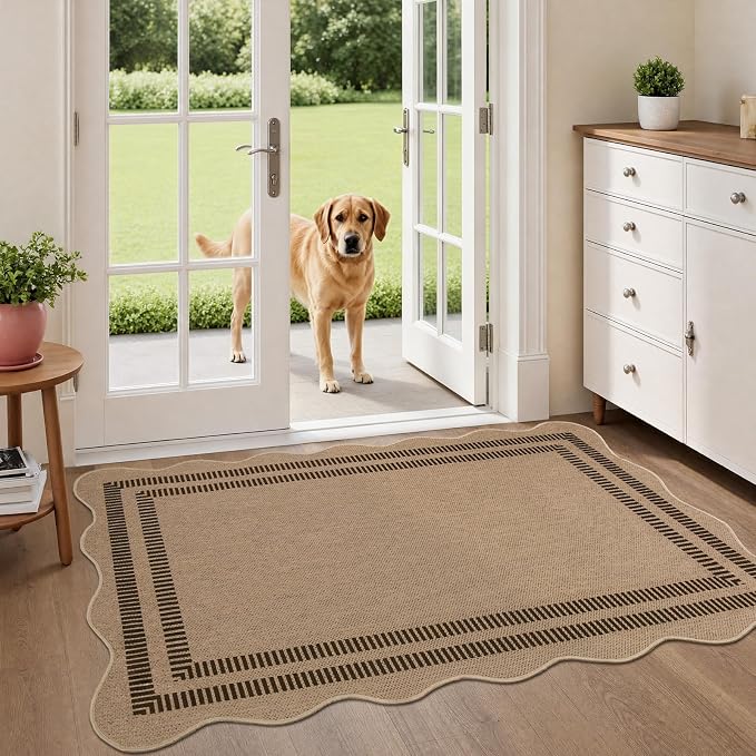 EDIMENS Scalloped Easy Jute 3x5 Outdoor Rug, Washable Non-Slip Geometric Tan Rugs for Entryway, Indoor Outdoor Farmhouse Rug Modern Carpet Door Mat Area Rug for Patio Living Room Porch Kitchen