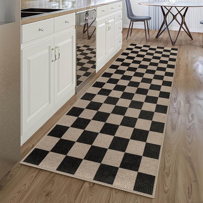 Rugalia Easy Jute Checkered Runner Rug, 2.6x8 Black Modern Washable Rugs Runner for Hallway Non-Slip Kitchen Runner Rug, Geometric Checkerboard Indoor Outdoor Carpet for Porch Laundry Entryway