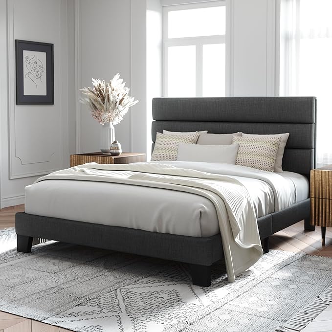 Allewie Full Size Platform Bed Frame with Fabric Upholstered Headboard Gray | Wooden Slats Support, Fully Upholstered Mattress Foundation, No Box Spring Needed, Easy Assembly, Noise-Free, Dark Grey