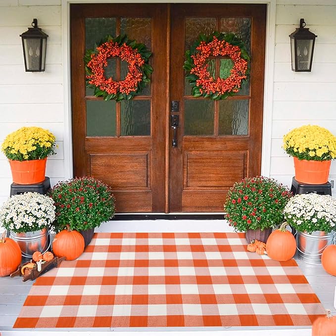Buffalo Plaid Outdoor Rug 4x6 Ft Orange and White Checkered Area Rug Halloween Washable Fall Indoor Outdoor Rugs for Entryway,Hallway, Kitchen, Living Room, Dining Room, Bedroom