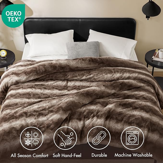 Madison Park Zuri Ultra Soft Faux Fur Queen Blanket Reversible, Brown | Ultra Soft, Breathable Fabric for Bed or Couch, Lightweight, Plush, OEKO-TEX Certified