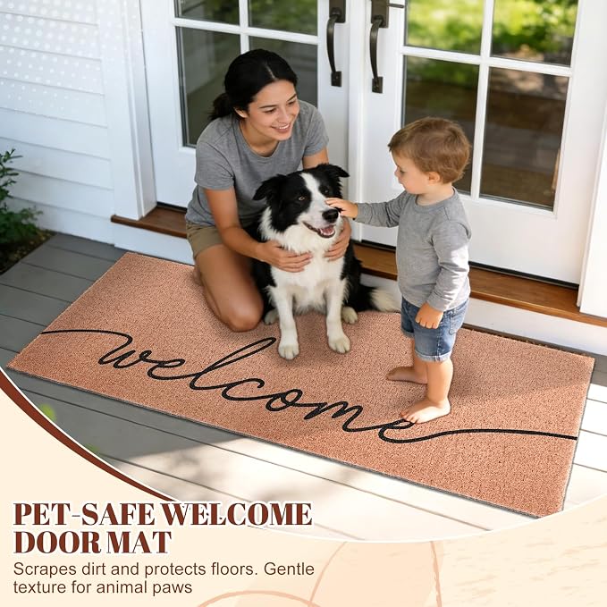 Welcome Extra Long Doormat for Double Door Entrance, 24x59 Inch | Oversized Modern Minimalist Welcome Mat, Large Heavy Duty Front Porch Rug, Non Slip PVC Backing, for Indoor Outdoor Entryway