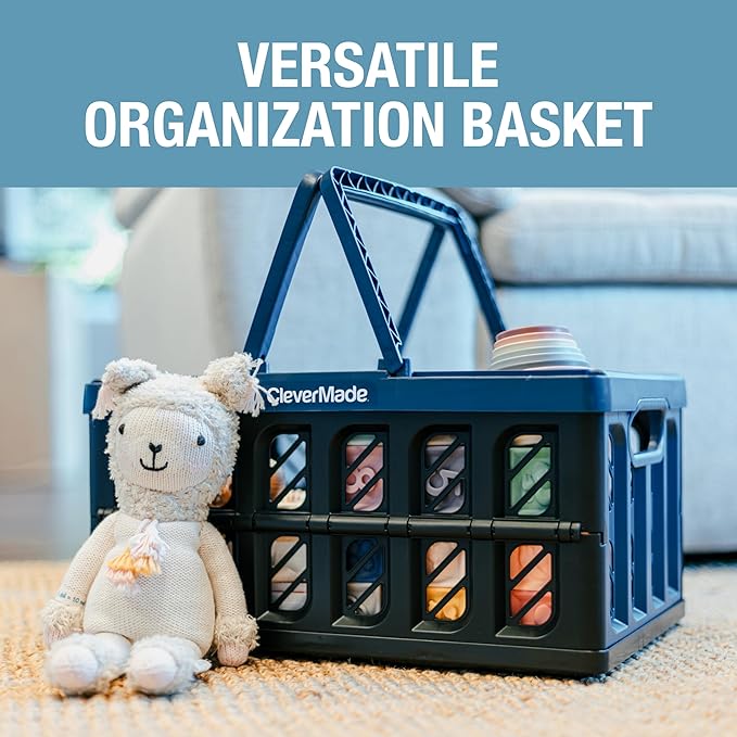 CleverMade Collapsible Shopping Basket, 24L, 3 Pack, Obsidian | Rigid walls protect groceries and supplies. Each basket carries 25 lb, stacks securely, and folds to 2.25 inches.
