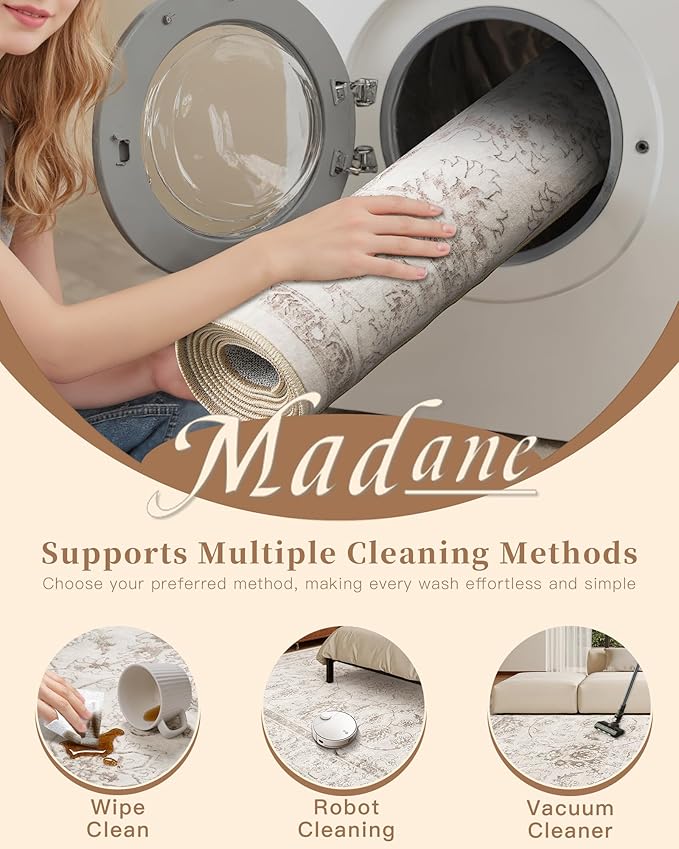 Madane 2x3 Washable Rugs for Entryway, Low Pile Non-Slip Small Area Rug Kitchen Door Mat, Vintage Soft Throw Neutral Rug Floor Mat for Indoor Front Entrance Bathroom Hallway (2 x 3, Brown/Ivory)