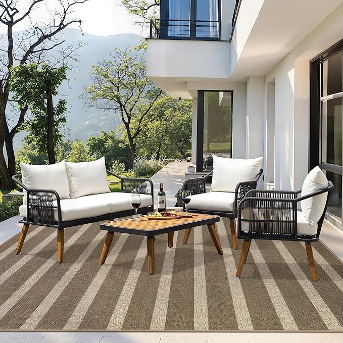Lahome Striped Easy Jute Living Room Rug, 8x10 Outdoor Patio Rugs Washable | Patio Area Rug, Modern Farmhouse Large Non Slip Lightweight Carpet for Bedroom Backyard Office Dining Room Mudroom, Khaki