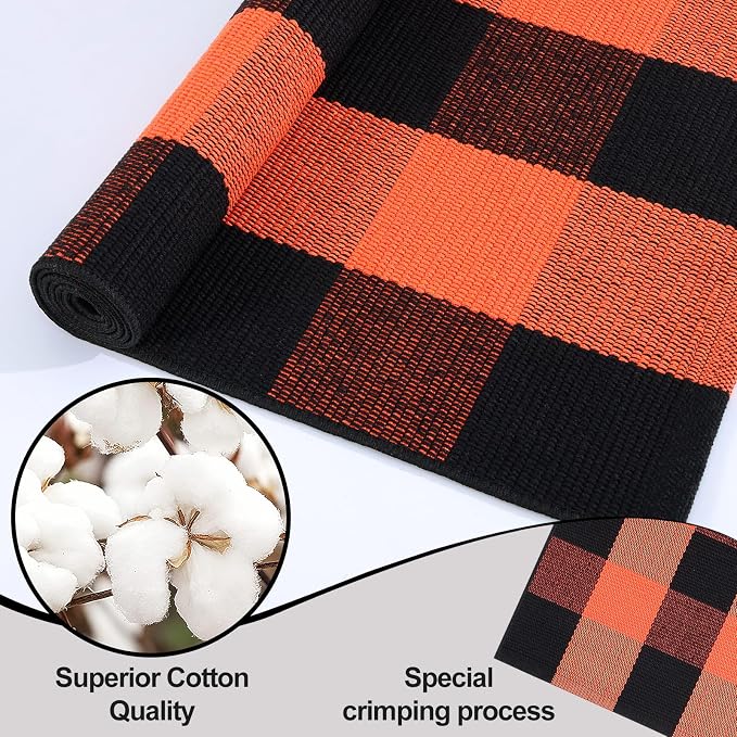 OLANLY Buffalo Plaid Rug 3' x 5' | Orange and Black Cotton Checkered Doormat, Washable Indoor Outdoor Rug for Layered Front Porch, Kitchen, Entryway Decor