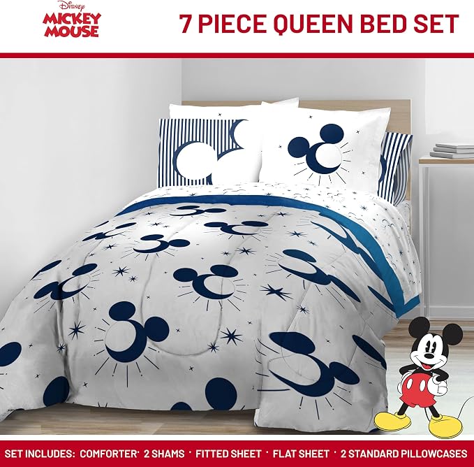 Disney Mickey Mouse Queen Comforter Set 7 Piece Celestial Bedding, White | Bed in a Bag, Comforter Sheets Shams Pillowcases, Official Product, Soft Microfiber, Machine Washable, Easy Care