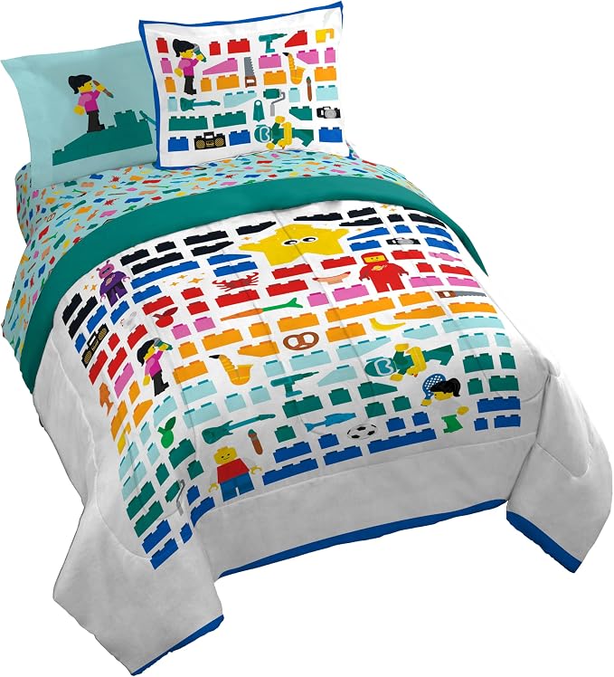 LEGO® Blocks Queen Comforter Set 7 Piece Soft Kids Bedding, White | Bed in a Bag, Comforter Sheets Shams Pillowcases, Official Product, Soft Microfiber, Machine Washable Easy Care, Kids Gift
