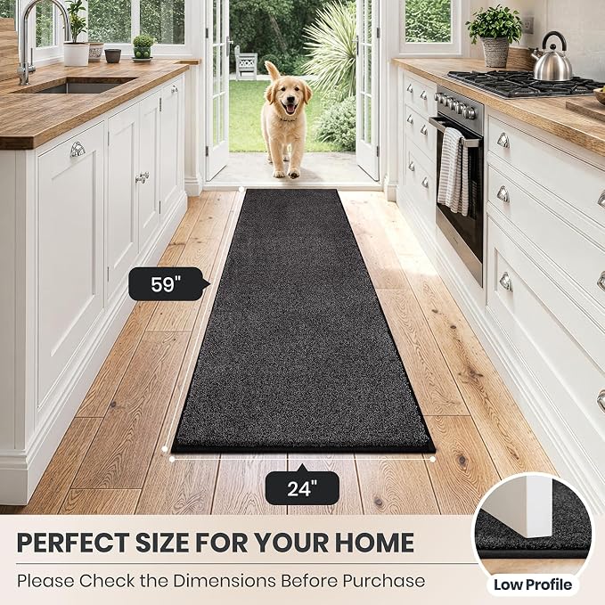 PURRUGS Dirt Trapping Door Mat 24" x 59", Non-Slip Machine Washable Entryway Rug, Dog Doormat, Indoor Front Door Mat, Super Absorbent Entry Rug for Muddy Shoes & Paws, Charcoal