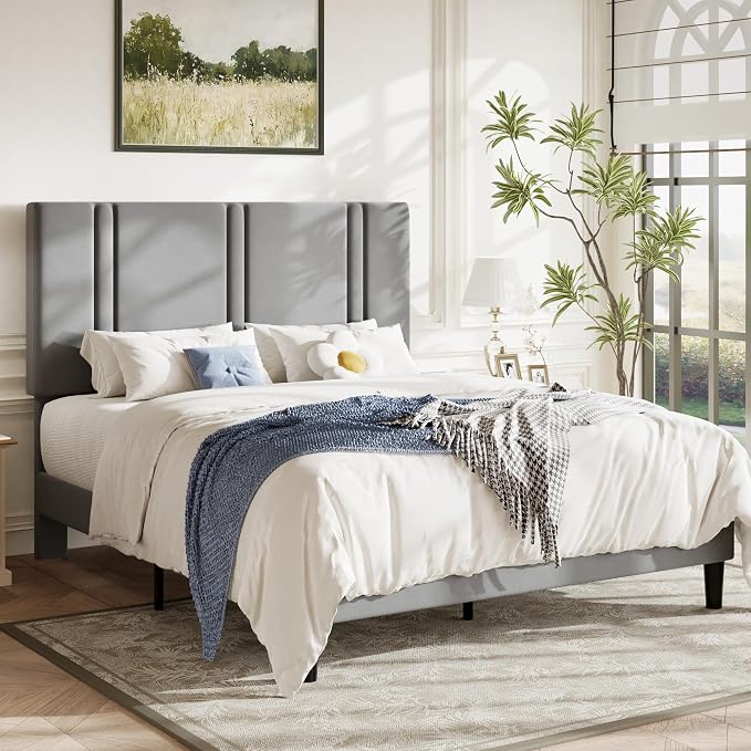 Allewie Full Size Platform Bed Frame with Adjustable Headboard | Plush Velvet Upholstered, Vertical Channel Tufted, Sturdy Wood Slats, No Box Spring Needed, Easy Assembly, Grey
