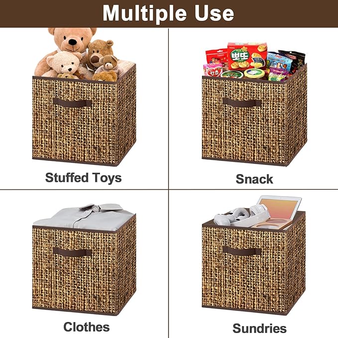 homyfort 11x11 Cube Storage Bins - Fabric Cubby Bins with Dual Handles, Collapsible Storage Organizer for Shelf, Closet, Nursery, Set of 6 (PRINTING instead of Real Rattan Weaving)