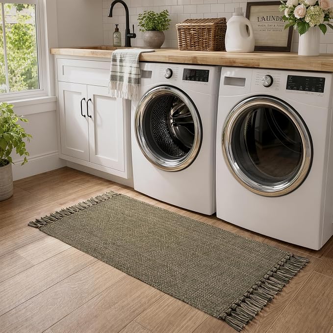 Collive Moss Green Bathroom Runner Rug, 2' x 5' Modern Farmhouse Kitchen Runner Rug Hand-Woven Entryway Rugs Runners for Hallway, Boho Washable Laundry Carpet Indoor Front Door Mat for Bedroom Decor