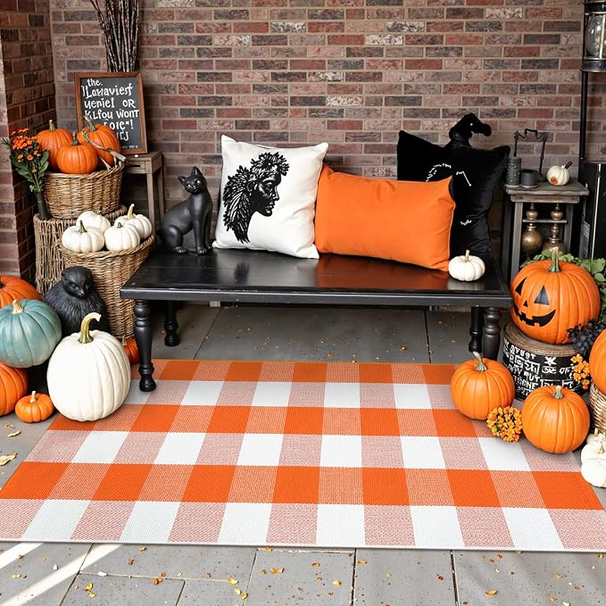 Uphome Bufflo Plaid Outdoor Rug 2'x4.3', Fall Decor Checkered Front Door Mat, Indoor Outdoor Farmhouse Porch Rug for Layered Door Mats, Washable Halloween White/Orange Runner for Patio Entryway