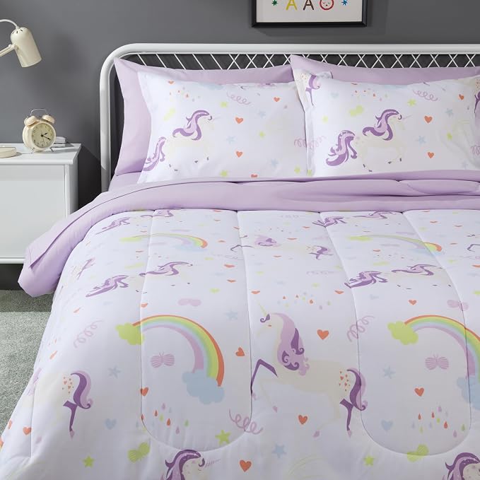 Amazon Basics 7-Piece Soft, Easy-Wash Microfiber Kid's Bed-in-a-Bag Bedding Set with Sheet and Comforter, Full/Queen, Unicorn Print