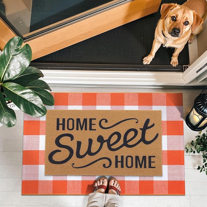 OLANLY Buffalo Plaid Rug 4' x 6' | Orange and White Cotton Checkered Doormat, Washable Indoor Outdoor Rug for Layered Front Porch, Kitchen, Entryway Decor