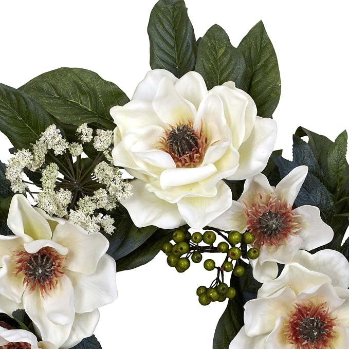 Nearly Natural 4793 22in. Magnolia Wreath,White | Billowy White Blooms with Berries and Buds, Premium Quality Craftsmanship, Perfect for Wall Accent and Door Styling