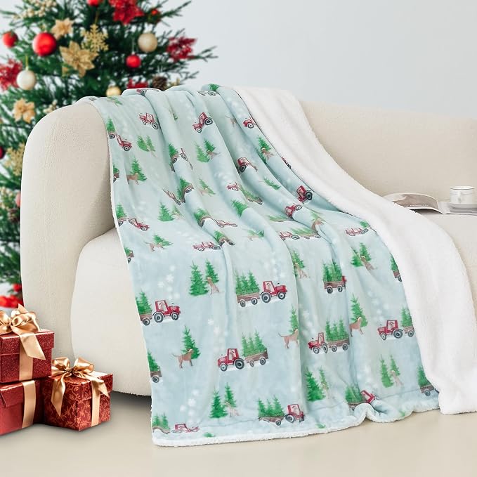 Elegant Comfort Reversible and Ultra-Plush Flannel Fleece-Winter Christmas Sherpa Throw- Lightweight Soft and Cozy-Holiday Decorative Throw, Perfect for Lounging, 50 x 60 inches, Tractor Tree