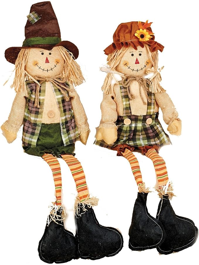 Worth Imports Sitter W, Set of 2 32" Sitting Scarecrow with Long Legs, Set of Two, Beige, Green, Rust, Orange, Black (2222)