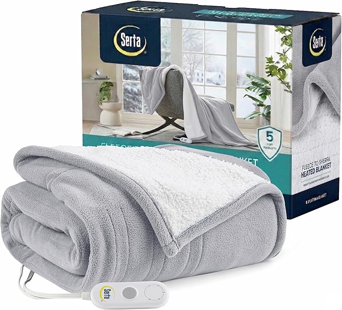 Serta Heated Blanket Queen - Reversible Fleece Heating Blanket, Smoke Grey | Dual-Layer Heated Throw Blanket With 5 Heat Settings & Auto Shut Off, Machine Washable, ETL Certified