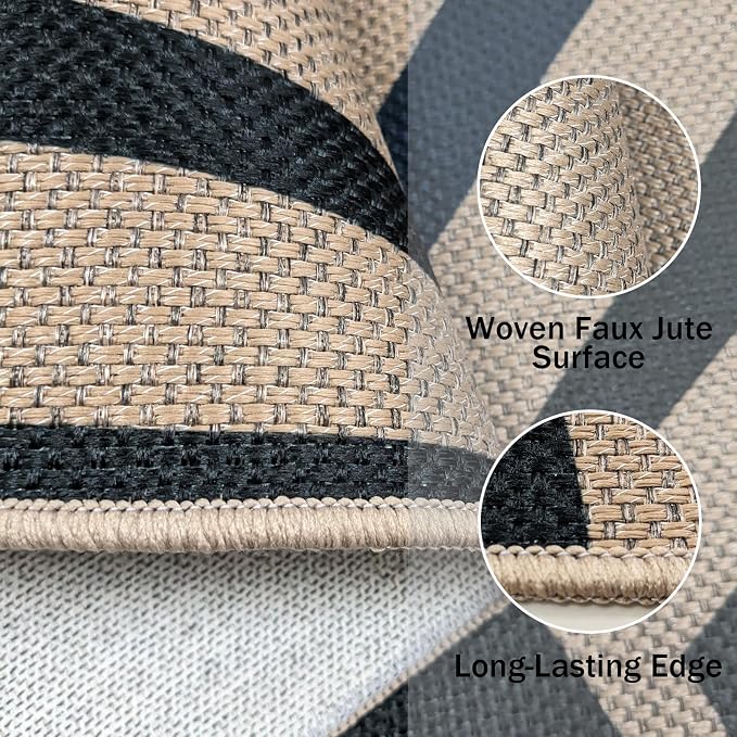 Easy Jute Sun Rug 2.6x5Ft Half Circle Sunshine Doormat Neutral Faux Jute Indoor Outdoor Carpet for Farmhouse Bedroom Entrance Balcony Kitchen Laundry Room, Nonslip, Half Round, Black/Blue 4