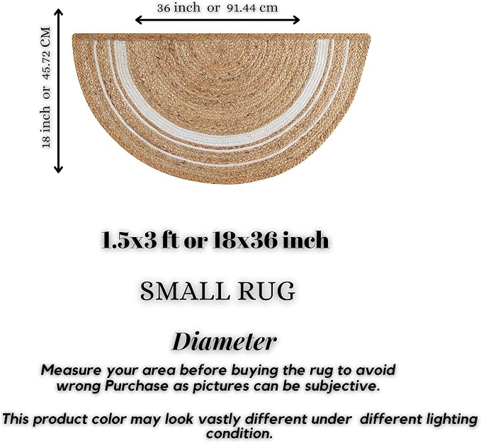 Boho Braided 1.5x3 Area Rug - Jute Natural Fiber Half Round Rug for Living Room Entryway, Farmhouse, Home, Indoor Rugs Jute Door mat for Bathroom, Kitchen (White Natural, 1.5 X 3 ft)