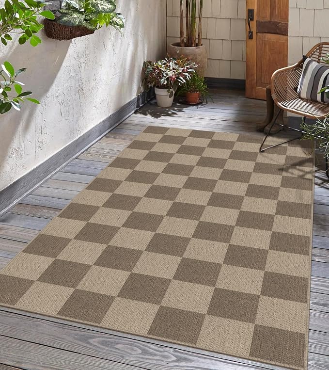 Rugalia Easy Jute Checkered Area Rug, 3x5 Indoor Outdoor Entryway Rug Washable Brown Checkerboard Kitchen Rugs, Non-Slip Modern Farmhouse Throw Carpet for Living Room Patio Kids Room
