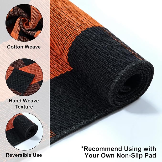 Collive 3x5 Buffalo Plaid Checkered Outdoor Rug, Black and Orange Halloween Fall Decor Door Mat, Washable Front Doormat Outside Entrance, Layered Welcome Mat Porch Cotton are Rugs for Entryway Patio