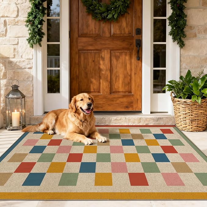 Washable Checkered Easy Jute Rug, 3x5 Colorful Checkerboard Geometric Outdoor Indoor Patio Small Rugs, Low Pile Lightweight Non Slip Neutral Carpet Door Mat for Bedroom Entryway Front Door Farmhouse