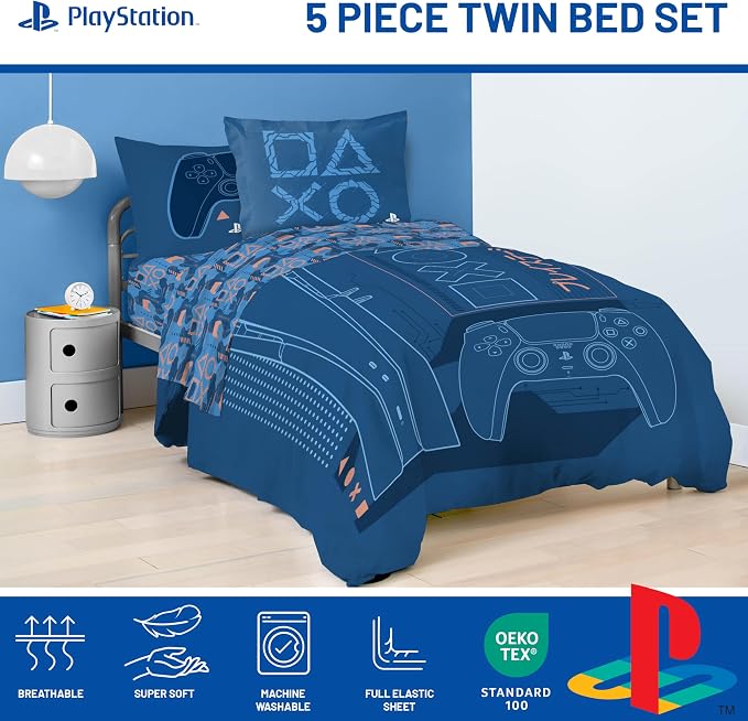 Jay Franco Kids Bed Set, Blue, PlayStation, 5 Piece Twin | Cozy Soft Bedding for Stylish Room Décor with Comforter, Sheets & Pillow Covers
