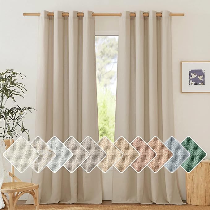 NICETOWN Thick Linen Curtains Privacy with Light Filtering, Grommet Semi Sheer Not See Through Linen Blend Curtain Drapes Vintage & Rustic for Farmhouse / Living Room, Angora, W55 x L84, 2 Panels