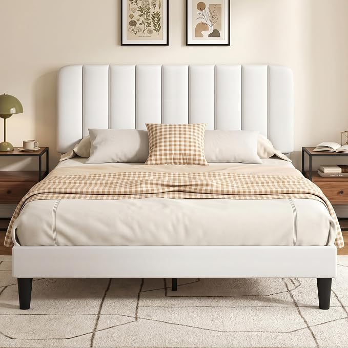 VECELO Full Size Bed Frame with Upholstered Headboard, Velvet Platform Bedframe Mattress Foundation, Strong Wood Slat Support, No Box Spring Needed,White