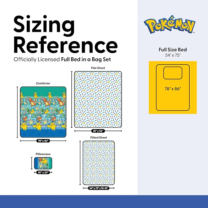 Northwest Pokemon First Starters Full Size Bed in a Bag Set, Pikachu Charmander Squirtle Bulbasaur, Kids Boys Girls Bedding Comforter Sheets