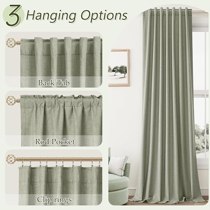 Sage Green 100% Blackout Linen Curtains 72 Inch Length 2 Panels Set for Living Room Bedroom Back Tab Thermal Insulated Black Out Drapes Room Darkening Farmhouse Window Curtains 72 Inches Long