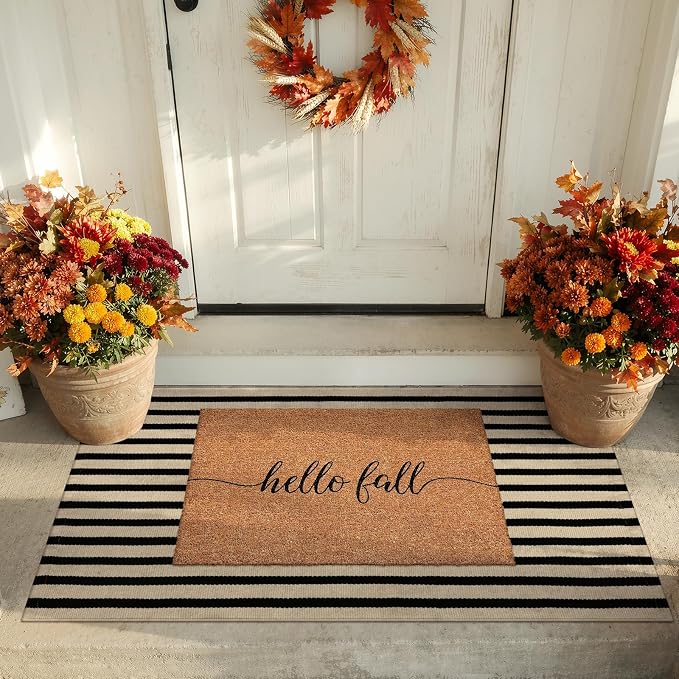 KIMODE Front Door Mats 24"x51", Machine Washable Farmhouse Fall Front Porch Rug Decor, Striped Layered Door Mats Outdoor, Cotton Hand Woven Entryway Rug for Entry, Doorway, Kitchen Black and Khaki