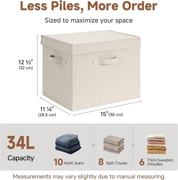 StorageWorks Storage Bins with Lid, Decorative Fabric Storage Bins with Handles, Stackable Closet Organizers for Shelves and Bedroom, Large, Khaki and Beige Stripes, 2-Pack