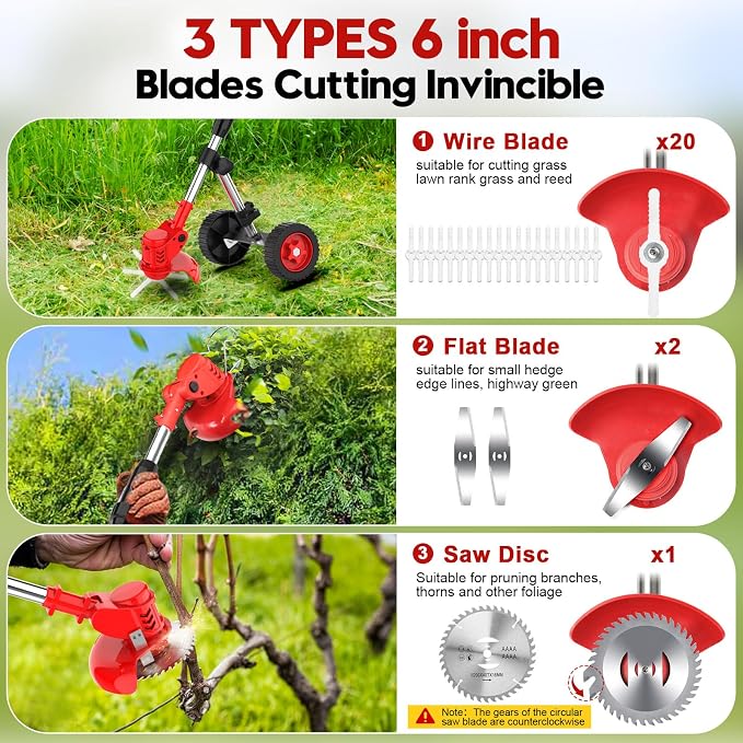 Electric Weed Wacker Cordless with Wheel, 4 in 1 Weed Eater Battery Powered Brush Cutter String Trimmer Edger, 4000mAh Stringless Weed Trimmer Lightweight Grass Trimmer Mower, 2 Battery and Charegr